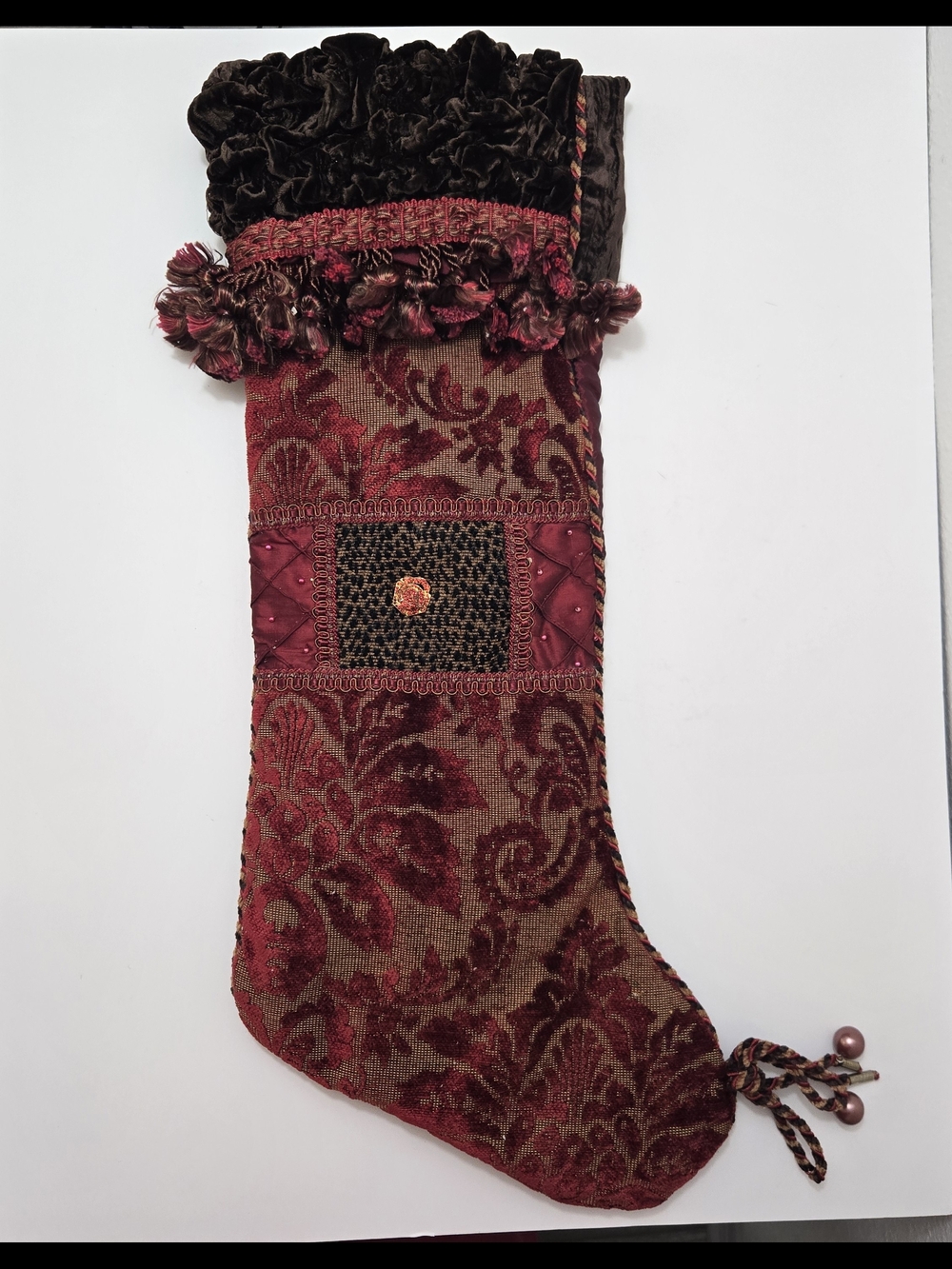 Bella Rose Burgundy and Brown Damask Holiday Stocking with Velvet Cuff